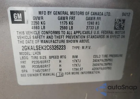2012 GMC Terrain Sle from USA, damaged, VIN 2GKALSEK2C6326223